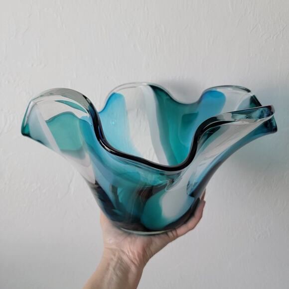 Hand Blown Glass Vase Bowl Turquoise White Clear Handkerchief Flair Home Decor - Picture 2 of 10